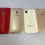 Zenfone 2、Zenfone 5、Nexus 5、iPhone 6を横に並べて大きさを比較した写真
